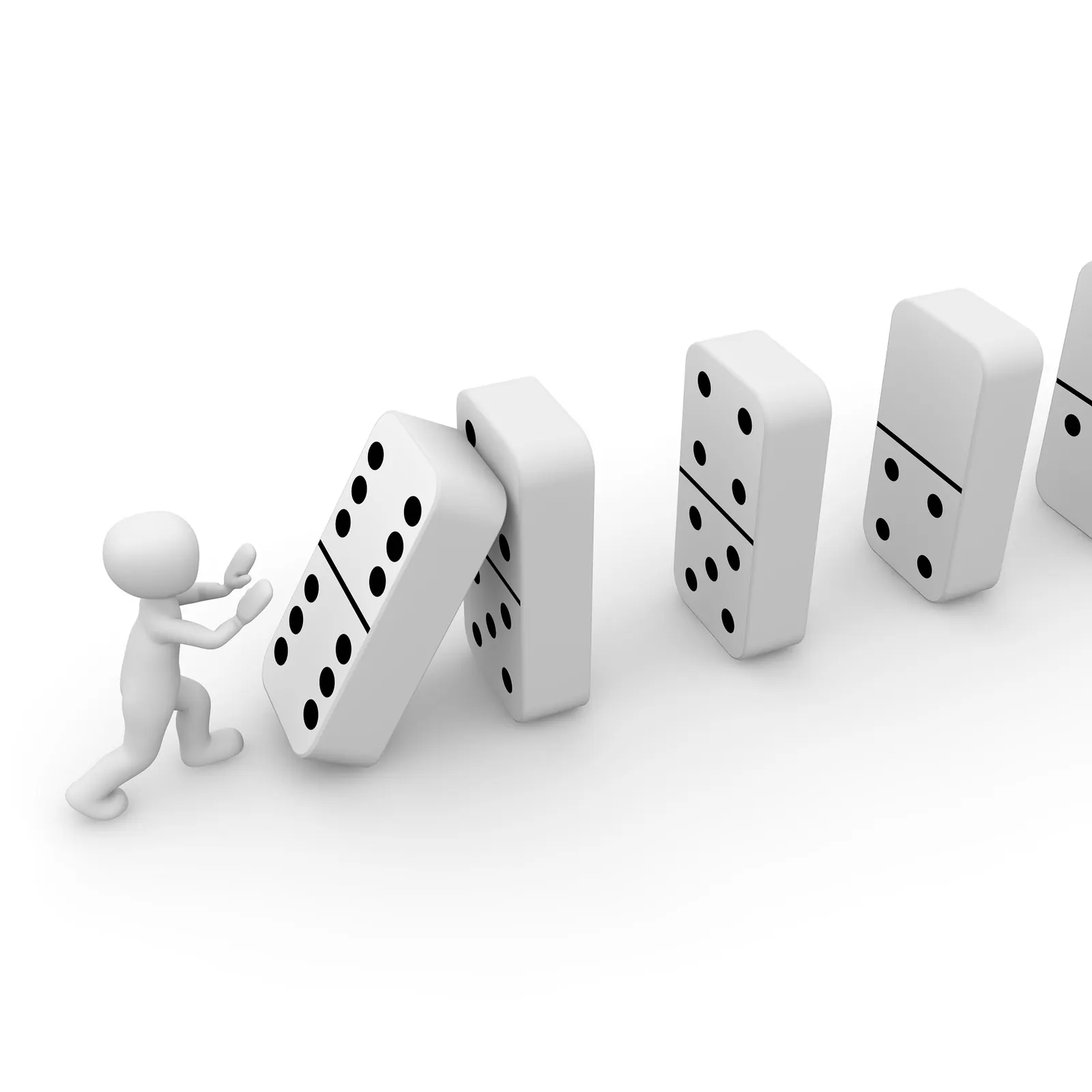 A row of dominoes waits on a white surface - each one moves only when you push it.